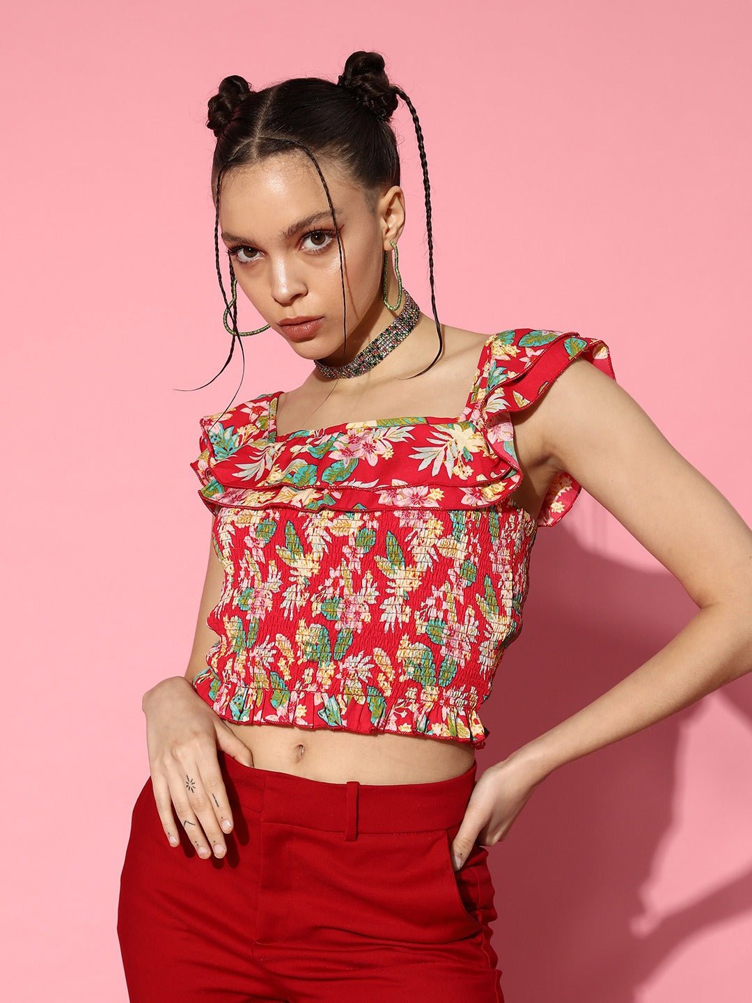 Folk Republic Women Pink & Multicolour Floral Printed Square Neck Cap Sleeves Crepe Smocked Crop Top - #folk republic#