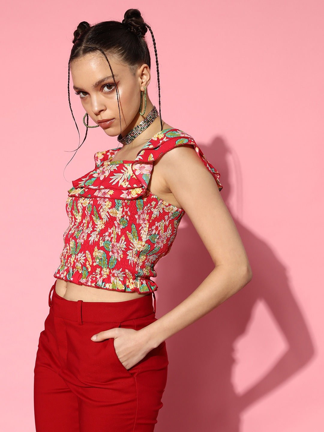 Folk Republic Women Pink & Multicolour Floral Printed Square Neck Cap Sleeves Crepe Smocked Crop Top - #folk republic#