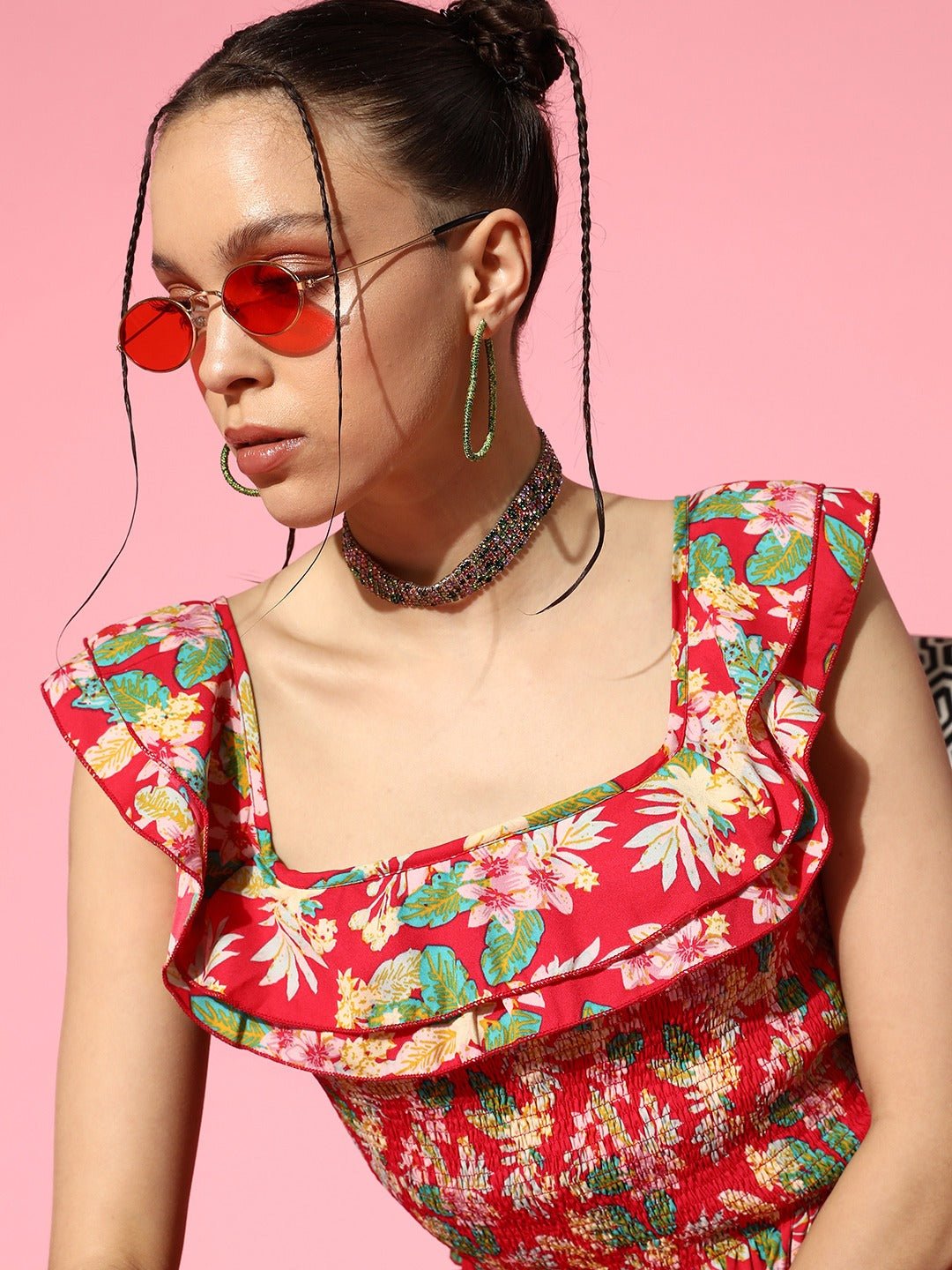 Folk Republic Women Pink & Multicolour Floral Printed Square Neck Cap Sleeves Crepe Smocked Crop Top - #folk republic#