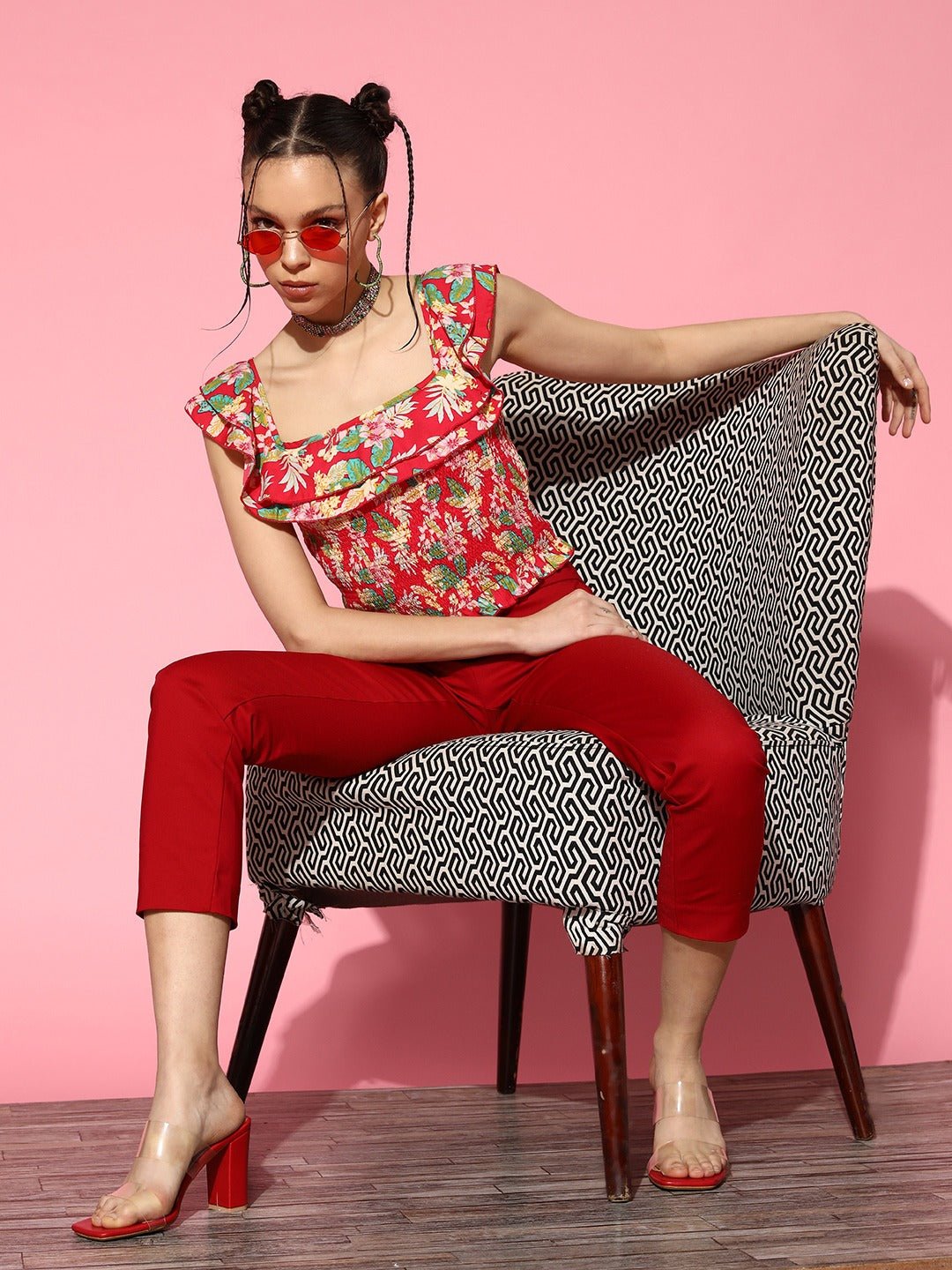 Folk Republic Women Pink & Multicolour Floral Printed Square Neck Cap Sleeves Crepe Smocked Crop Top - #folk republic#
