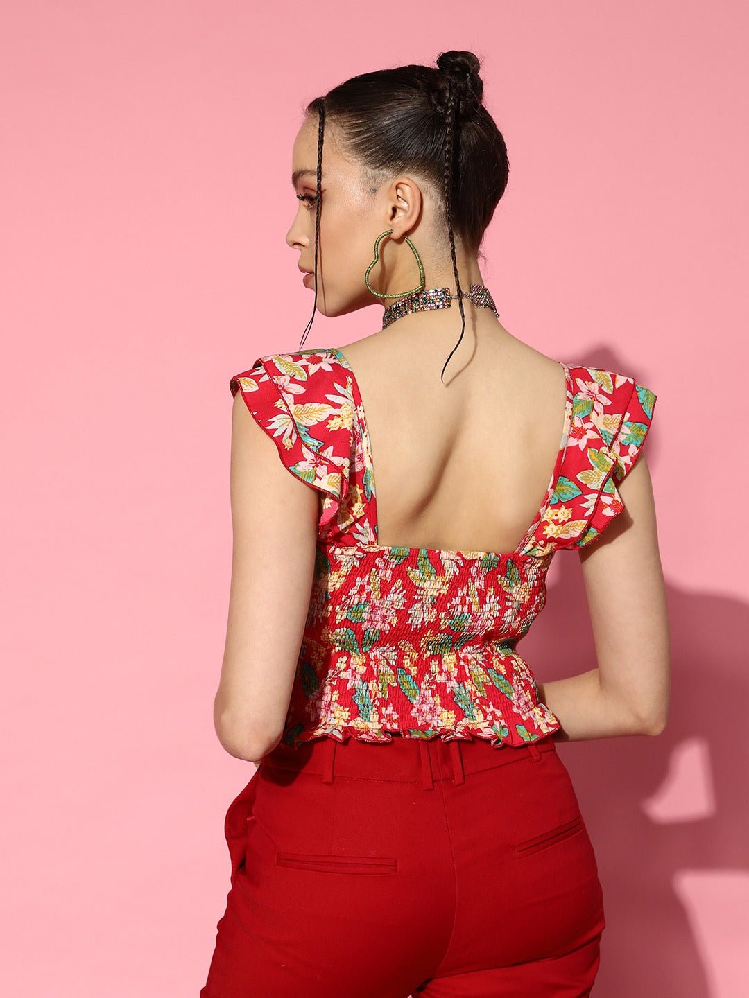 Folk Republic Women Pink & Multicolour Floral Printed Square Neck Cap Sleeves Crepe Smocked Crop Top - #folk republic#