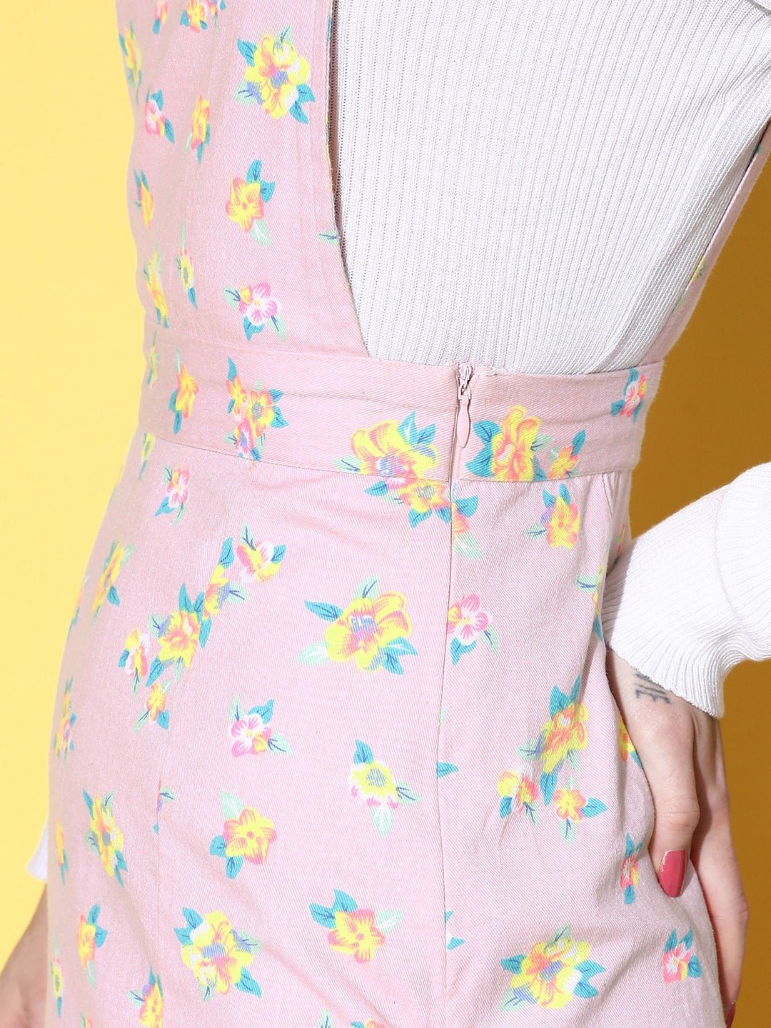 Folk Republic Women Pink & Multicolour Floral Printed Square Neck Cotton Button-Up Straight Hem Pinafore Mini Dress - #folk republic#