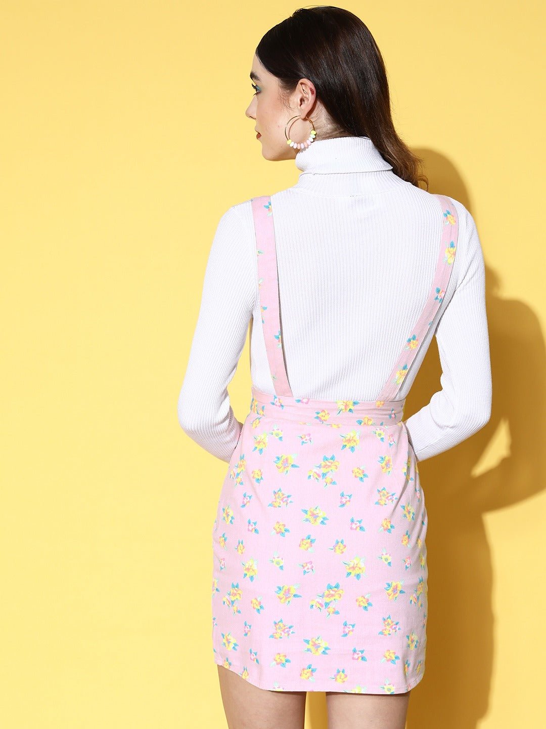 Folk Republic Women Pink & Multicolour Floral Printed Square Neck Cotton Button-Up Straight Hem Pinafore Mini Dress - #folk republic#