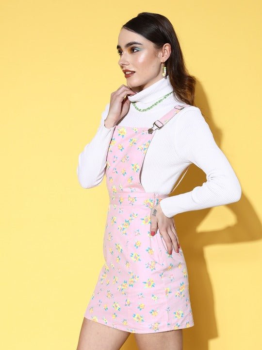 Folk Republic Women Pink & Multicolour Floral Printed Square Neck Cotton Button-Up Straight Hem Pinafore Mini Dress - #folk republic#