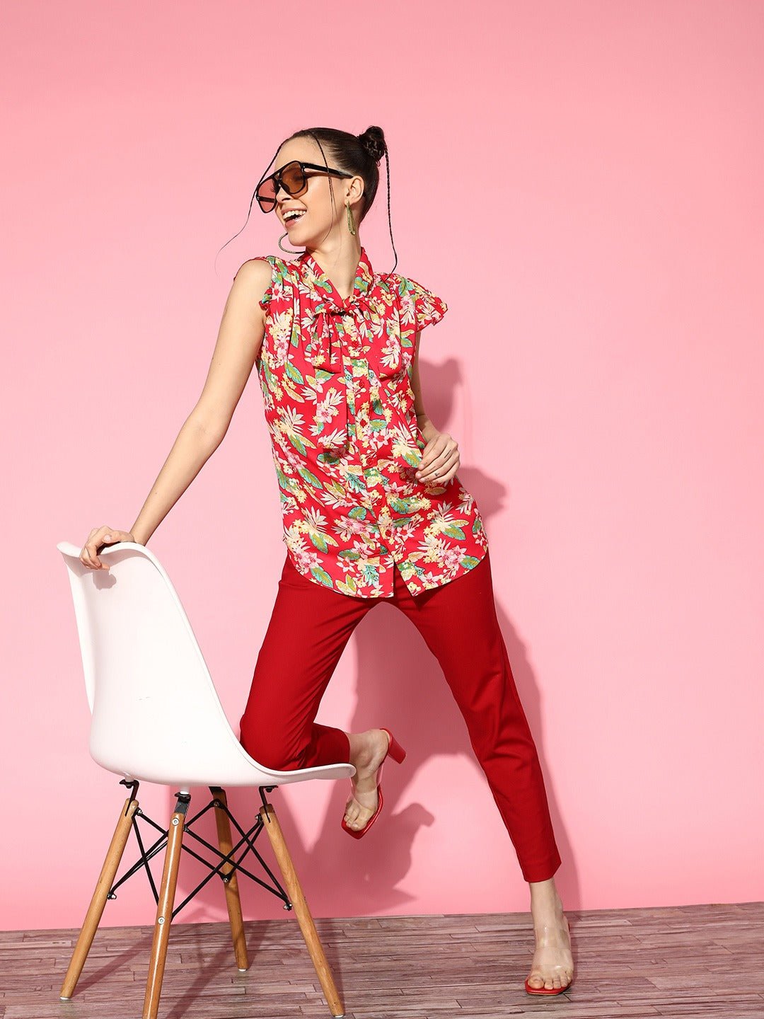 Folk Republic Women Pink & Multicolour Floral Printed Tie-Up Neck Button-Up Crepe Ruffled Regular Top - #folk republic#