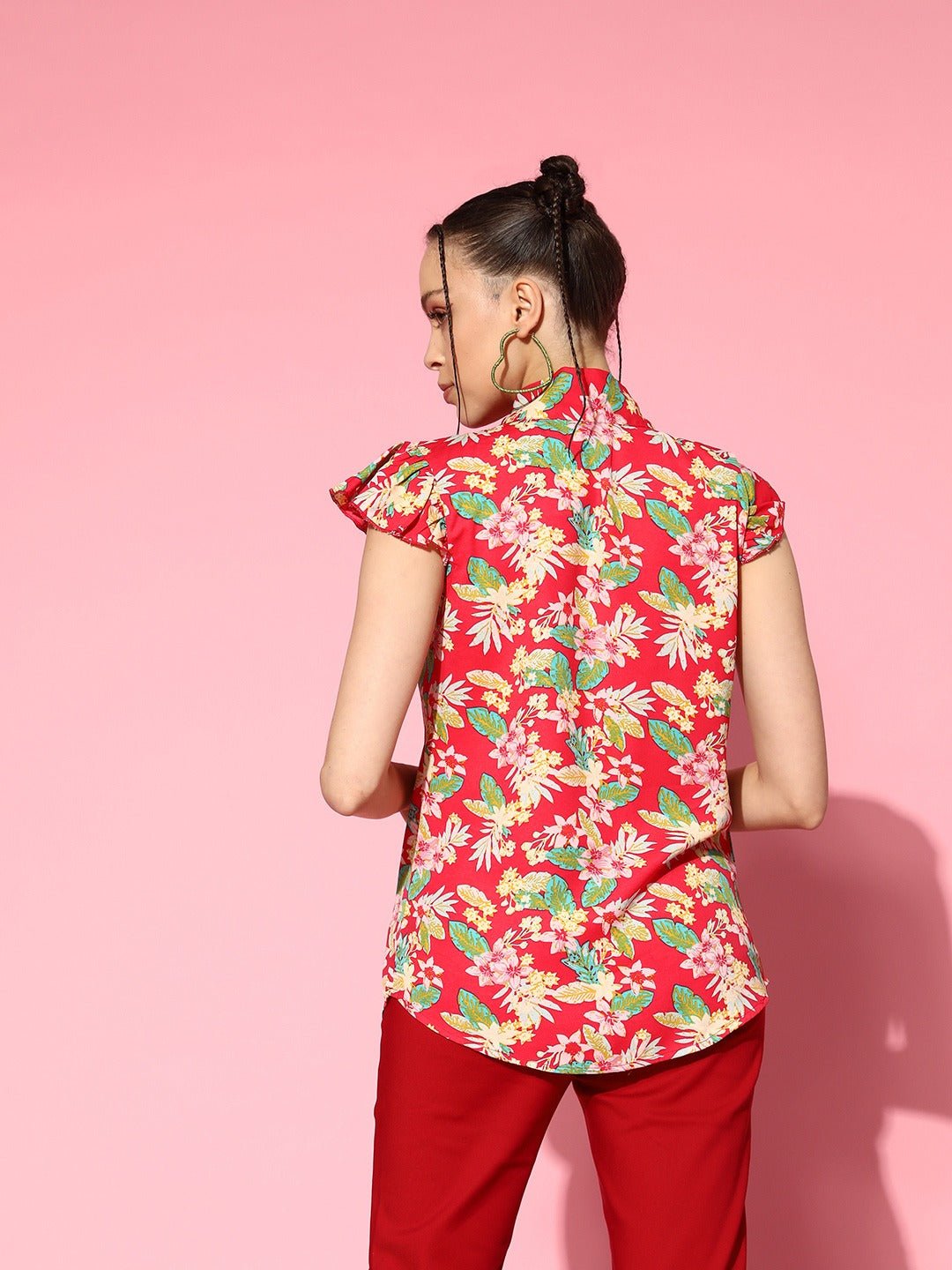 Folk Republic Women Pink & Multicolour Floral Printed Tie-Up Neck Button-Up Crepe Ruffled Regular Top - #folk republic#