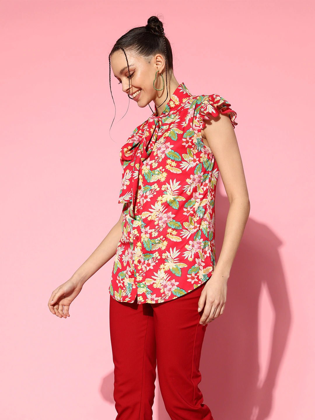 Folk Republic Women Pink & Multicolour Floral Printed Tie-Up Neck Button-Up Crepe Ruffled Regular Top - #folk republic#