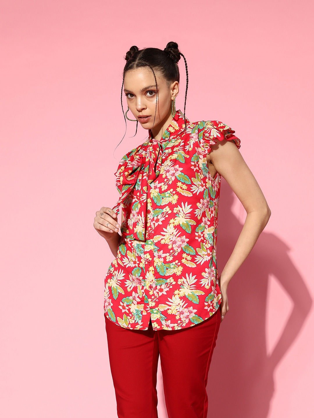 Folk Republic Women Pink & Multicolour Floral Printed Tie-Up Neck Button-Up Crepe Ruffled Regular Top - #folk republic#