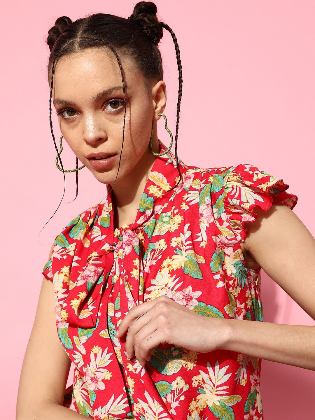 Folk Republic Women Pink & Multicolour Floral Printed Tie-Up Neck Button-Up Crepe Ruffled Regular Top - #folk republic#