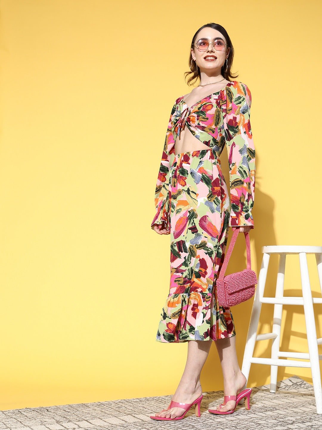 Folk Republic Women Pink & Multicoloured Abstract Printed Sweetheart Neck Tie-Up Cutout Crepe Fit & Flare Midi Dress - #folk republic#