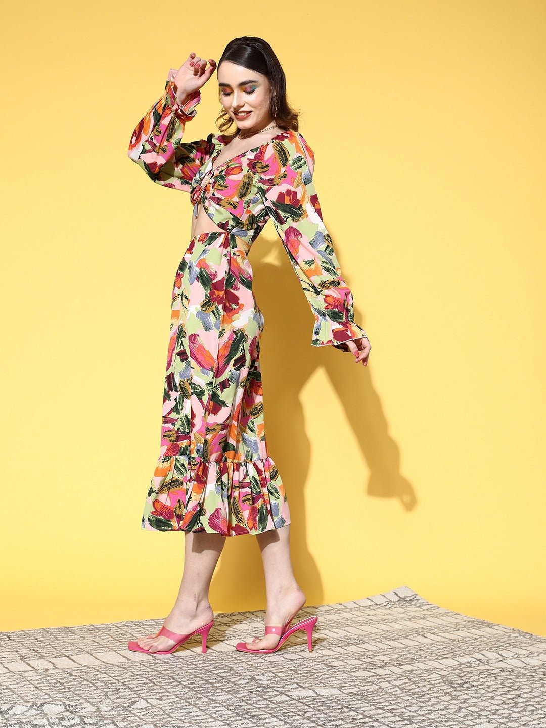 Folk Republic Women Pink & Multicoloured Abstract Printed Sweetheart Neck Tie-Up Cutout Crepe Fit & Flare Midi Dress - #folk republic#