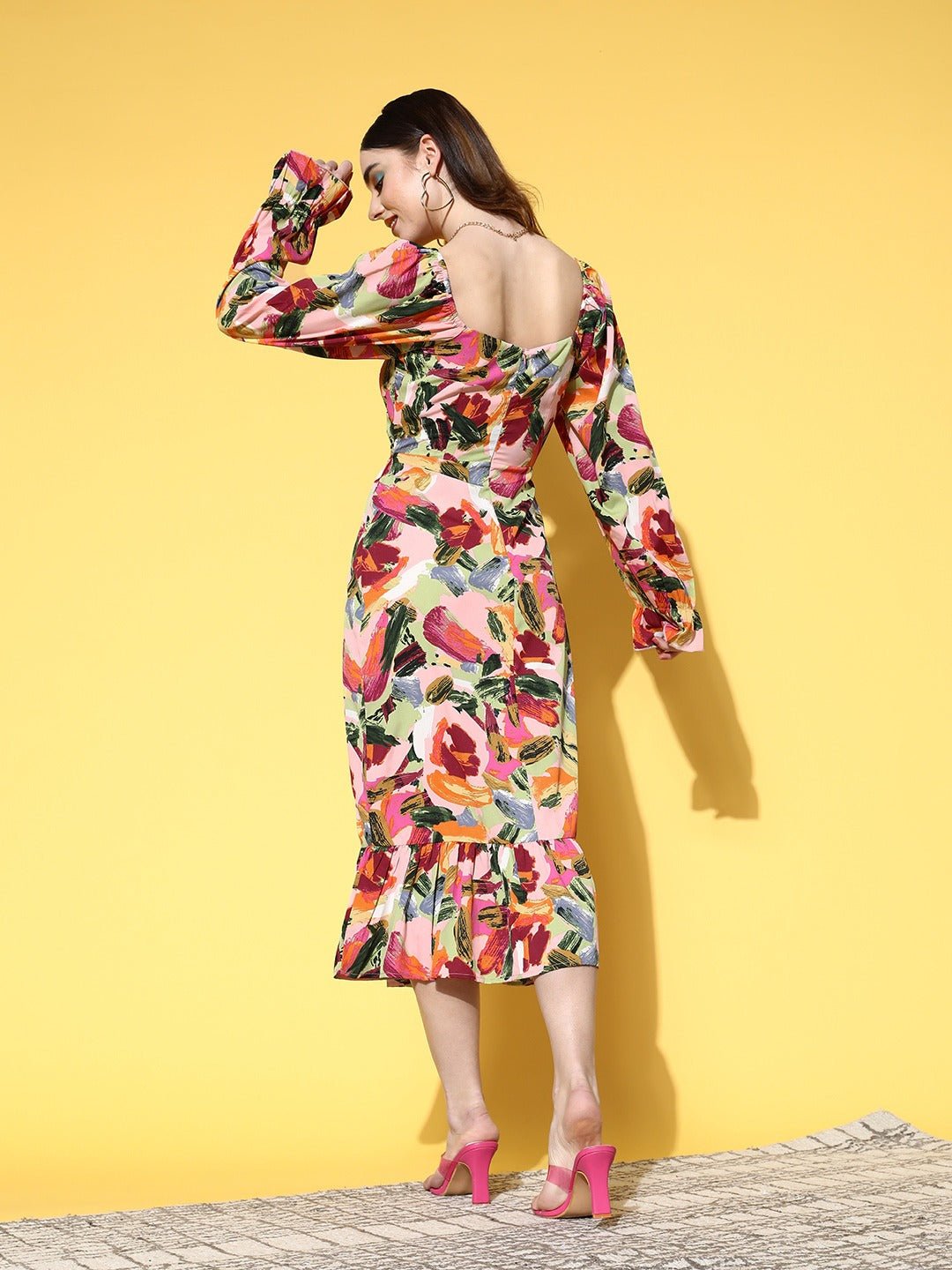 Folk Republic Women Pink & Multicoloured Abstract Printed Sweetheart Neck Tie-Up Cutout Crepe Fit & Flare Midi Dress - #folk republic#