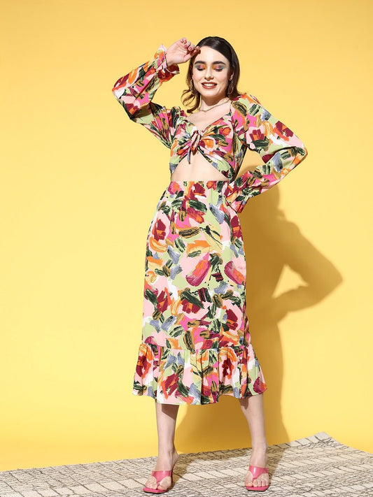 Folk Republic Women Pink & Multicoloured Abstract Printed Sweetheart Neck Tie-Up Cutout Crepe Fit & Flare Midi Dress - #folk republic#