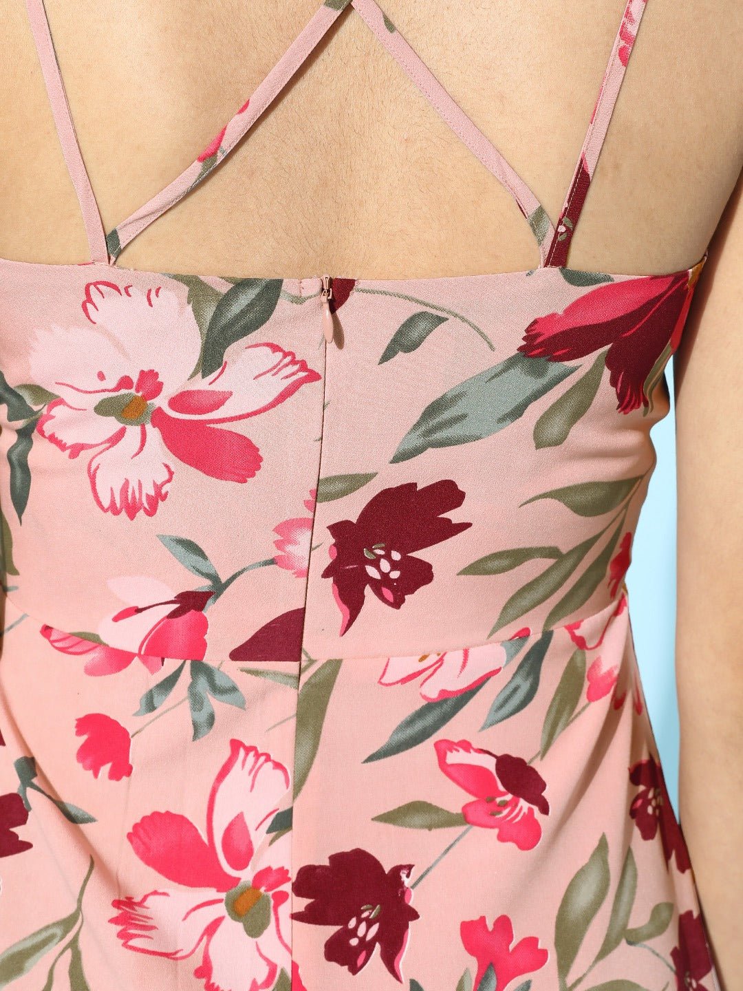 Folk Republic Women Pink & Peach Floral Printed V-Neck Crisscross Back Fit & Flare Mini Dress - #folk republic#