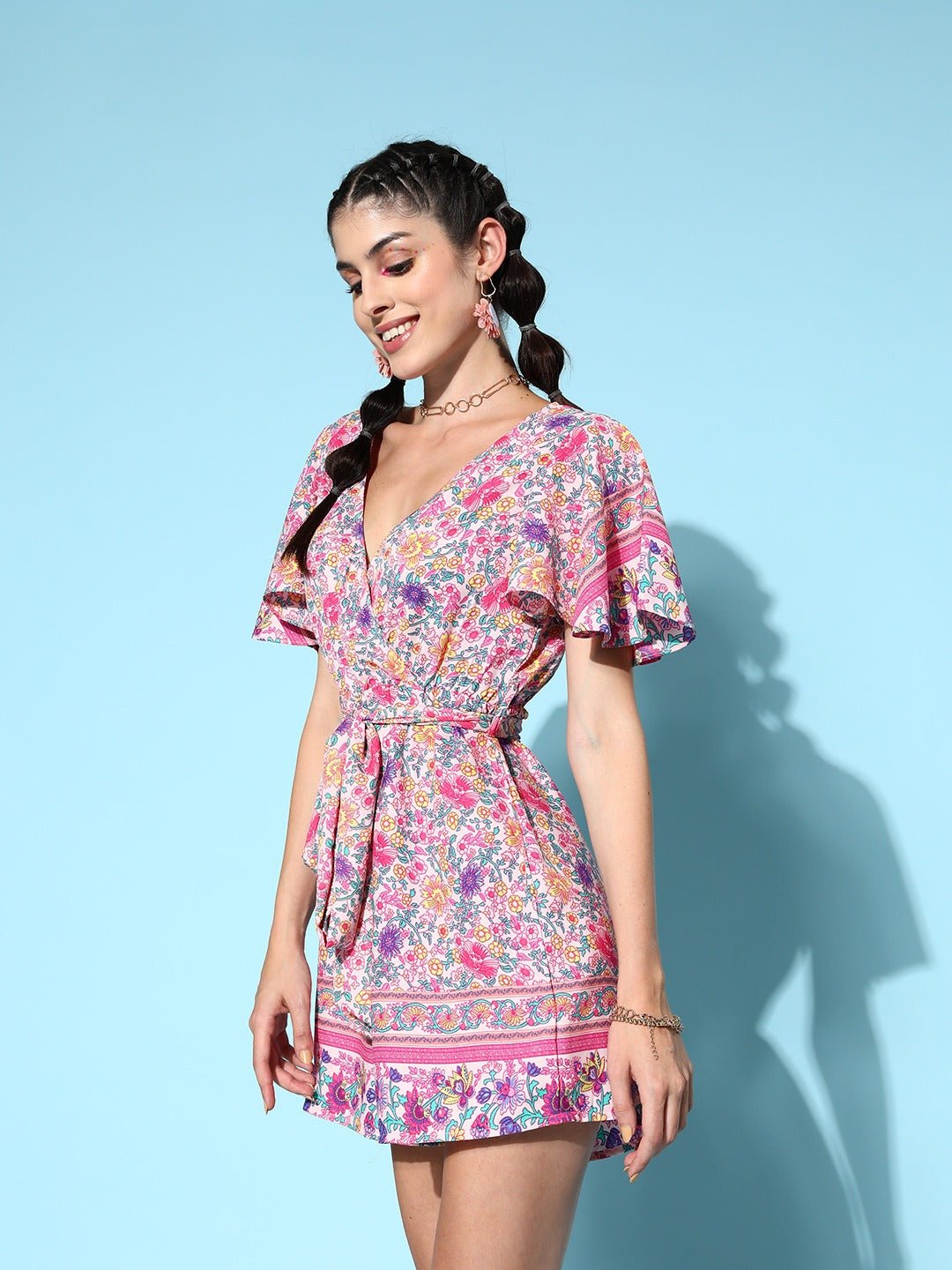 Folk Republic Women Pink & Purple Floral Printed V-Neck Flutter Sleeves Waist Tie-Up Wrap Mini Playsuit - #folk republic#