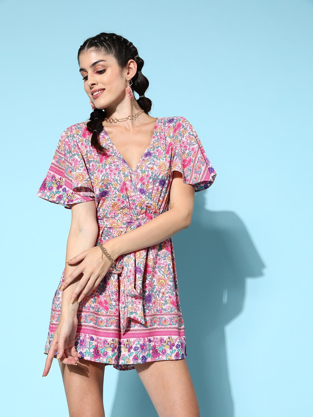 Folk Republic Women Pink & Purple Floral Printed V-Neck Flutter Sleeves Waist Tie-Up Wrap Mini Playsuit - #folk republic#