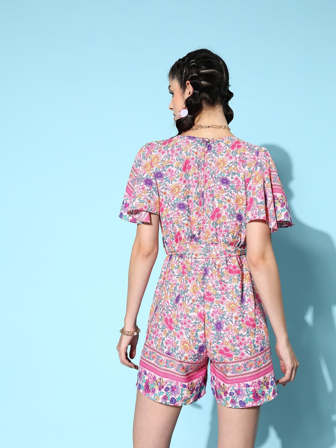 Folk Republic Women Pink & Purple Floral Printed V-Neck Flutter Sleeves Waist Tie-Up Wrap Mini Playsuit - #folk republic#
