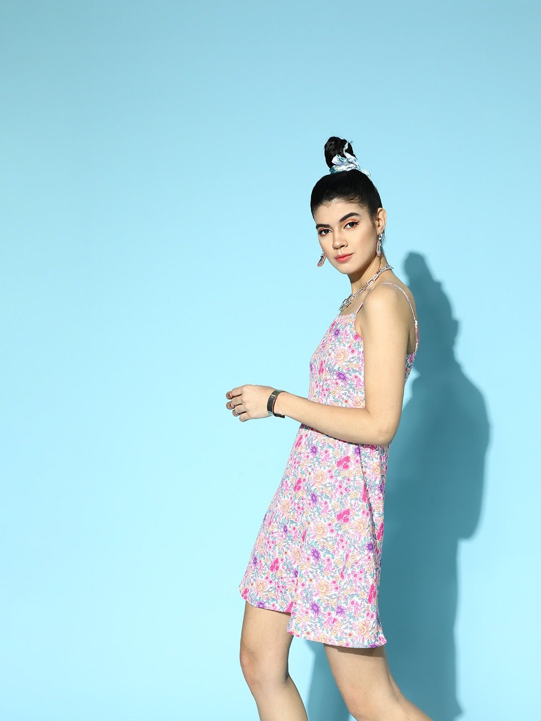 Folk Republic Women Pink & Purple Tribal Printed Square Neck Crepe Flared A-Line Mini Dress - #folk republic#