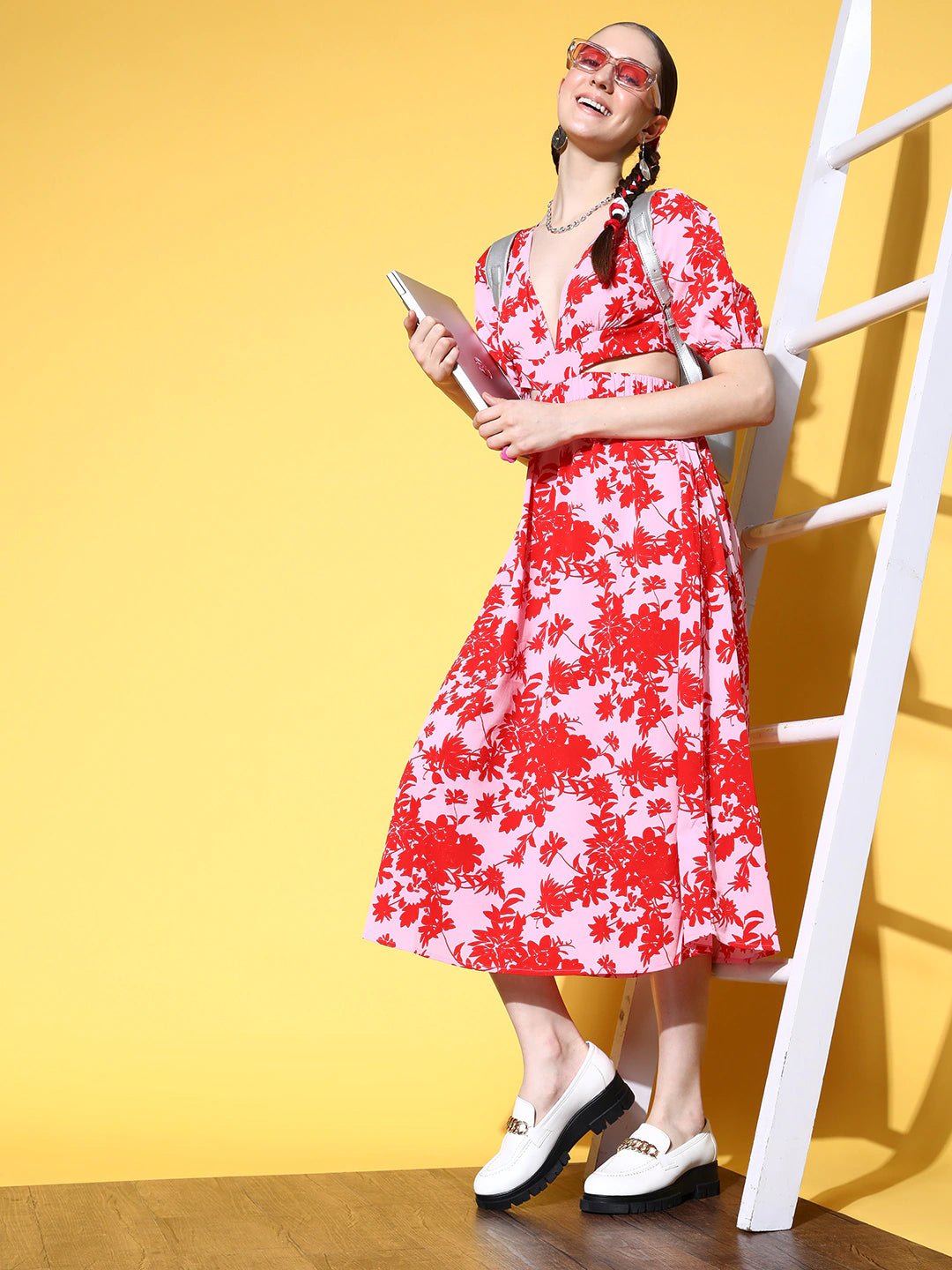 Folk Republic Women Pink & Red Floral Printed V-Neck Cutout Tie-Up Crepe A-Line Midi Dress - #folk republic#