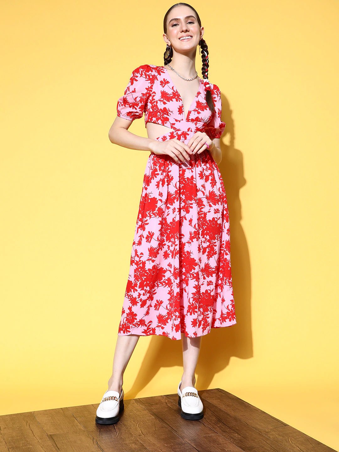 Folk Republic Women Pink & Red Floral Printed V-Neck Cutout Tie-Up Crepe A-Line Midi Dress - #folk republic#