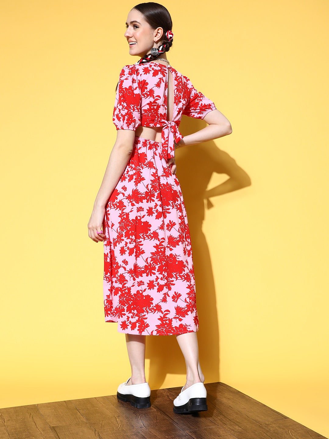 Folk Republic Women Pink & Red Floral Printed V-Neck Cutout Tie-Up Crepe A-Line Midi Dress - #folk republic#