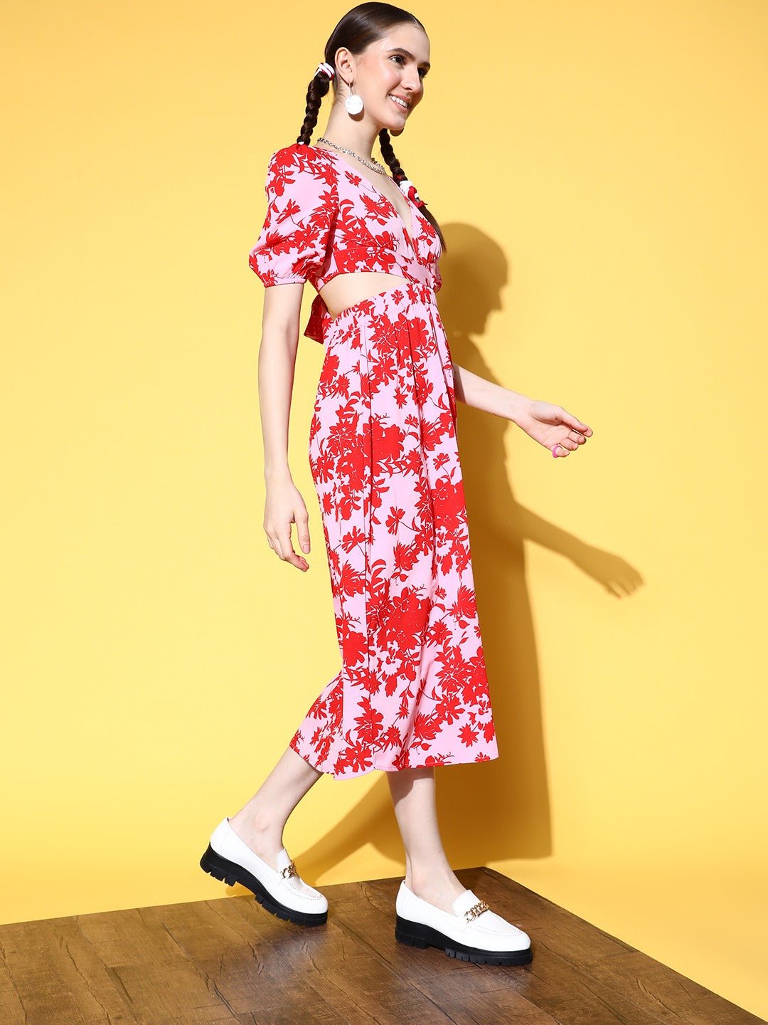 Folk Republic Women Pink & Red Floral Printed V-Neck Cutout Tie-Up Crepe A-Line Midi Dress - #folk republic#