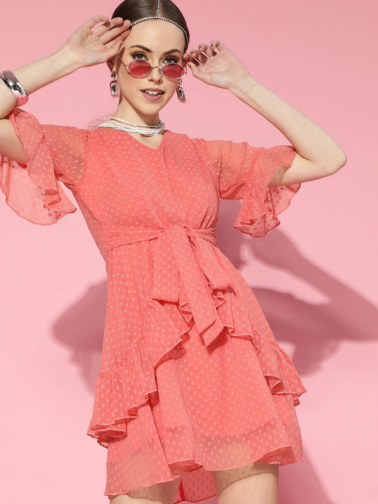 Folk Republic Women Pink Ruffled Front Knot Layered Mini Dress - #folk republic#