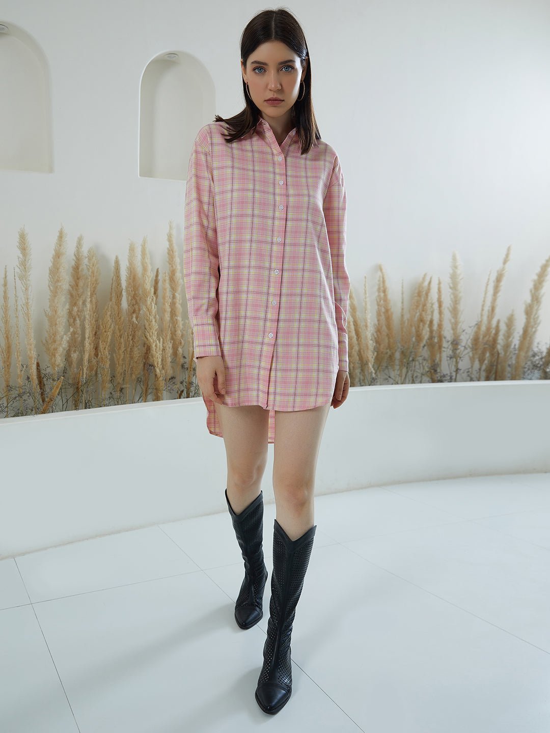 Folk Republic Women Pink & White Checked Pattern Collar Neck Crepe Button-Up High-Low Shirt Style Mini Dress - #folk republic#