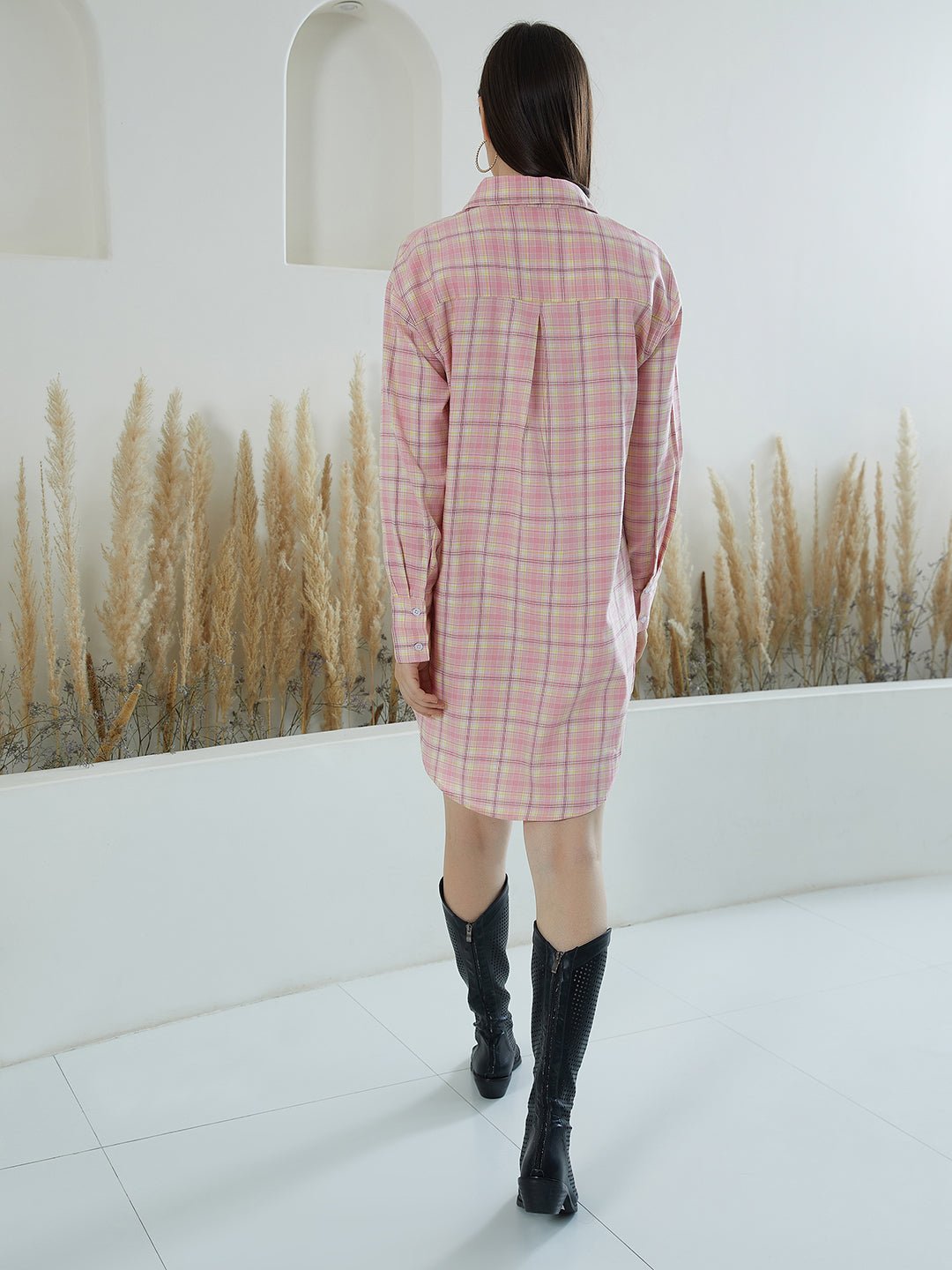 Folk Republic Women Pink & White Checked Pattern Collar Neck Crepe Button-Up High-Low Shirt Style Mini Dress - #folk republic#