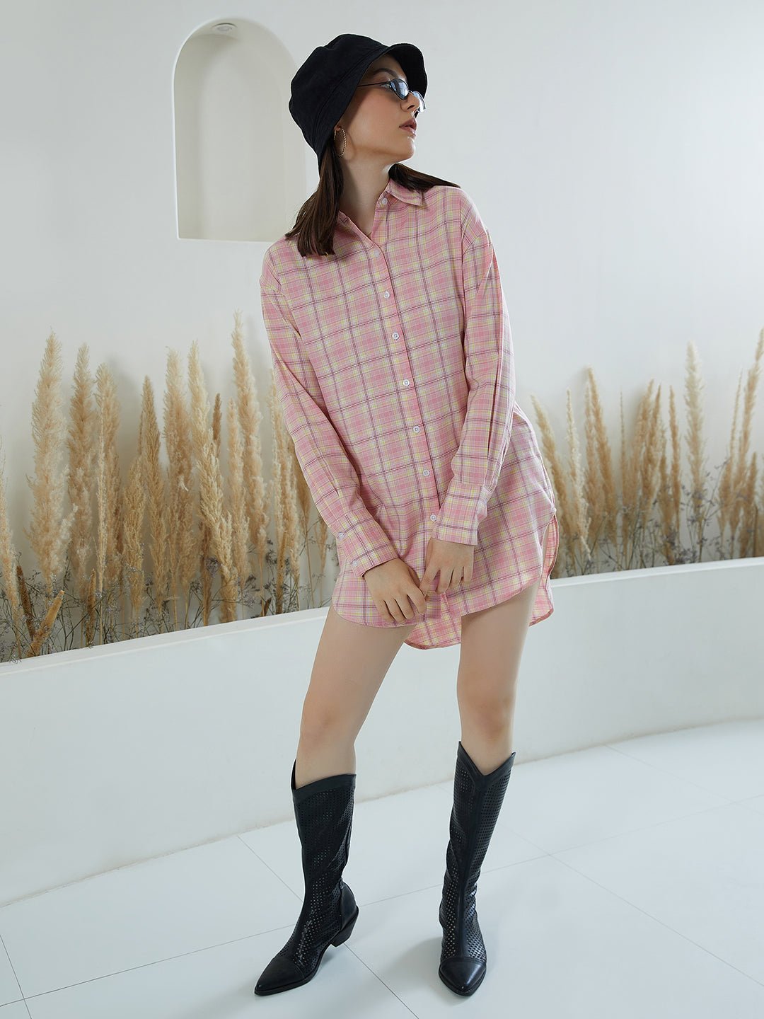 Folk Republic Women Pink & White Checked Pattern Collar Neck Crepe Button-Up High-Low Shirt Style Mini Dress - #folk republic#