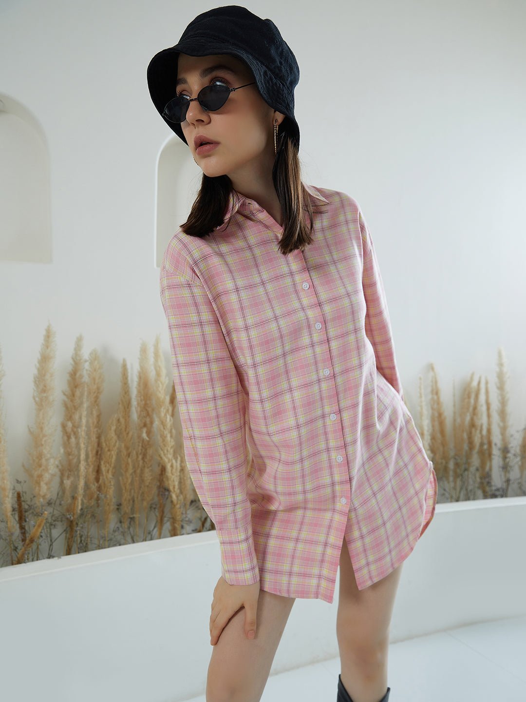 Folk Republic Women Pink & White Checked Pattern Collar Neck Crepe Button-Up High-Low Shirt Style Mini Dress - #folk republic#
