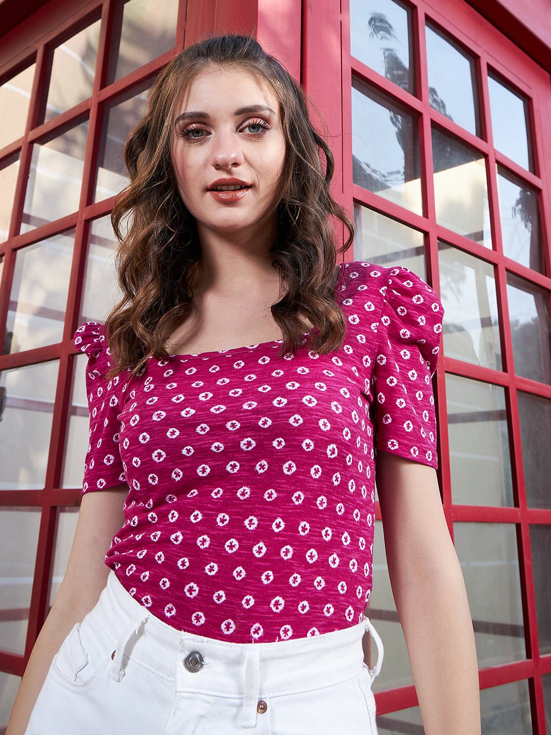 Folk Republic Women Pink & White Conversational Printed Square Neck Cotton Blend Woven Regular Top - #folk republic#