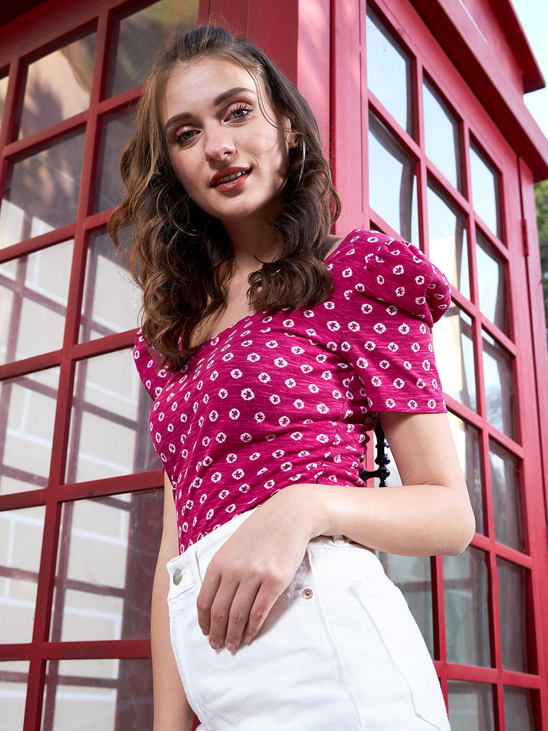 Folk Republic Women Pink & White Conversational Printed Square Neck Cotton Blend Woven Regular Top - #folk republic#