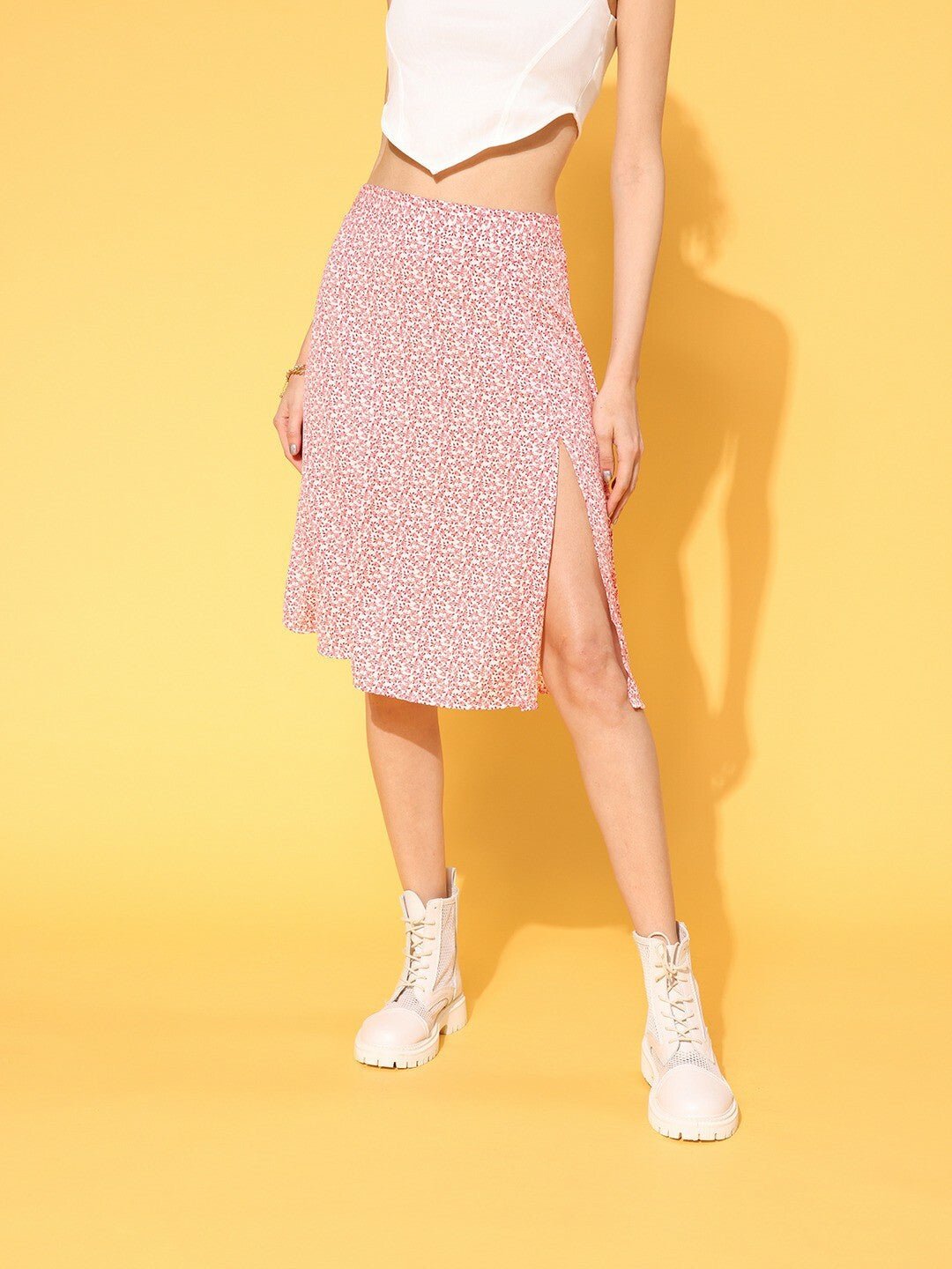 Folk Republic Women Pink & White Ditsy Floral Printed Thigh-High Slit Flared A-Line Midi Skirt - #folk republic#