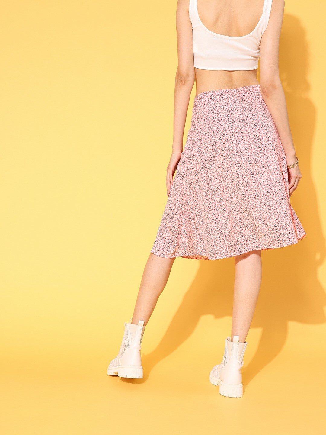 Folk Republic Women Pink & White Ditsy Floral Printed Thigh-High Slit Flared A-Line Midi Skirt - #folk republic#