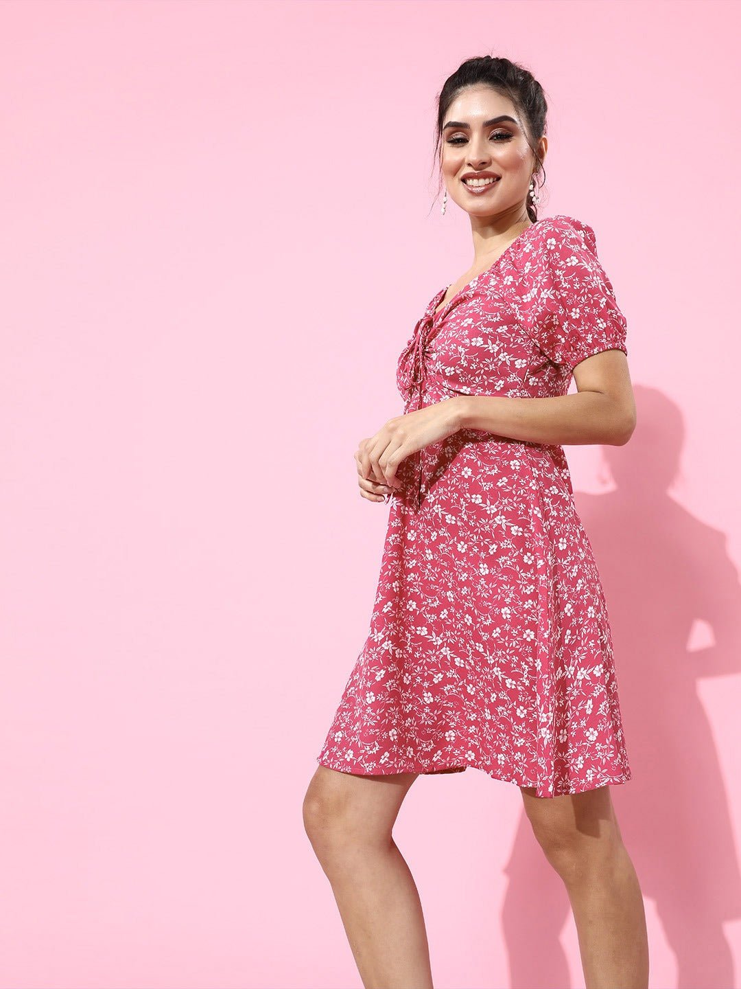 Folk Republic Women Pink & White Floral Crepe A-Line Mini Dress - #folk republic#