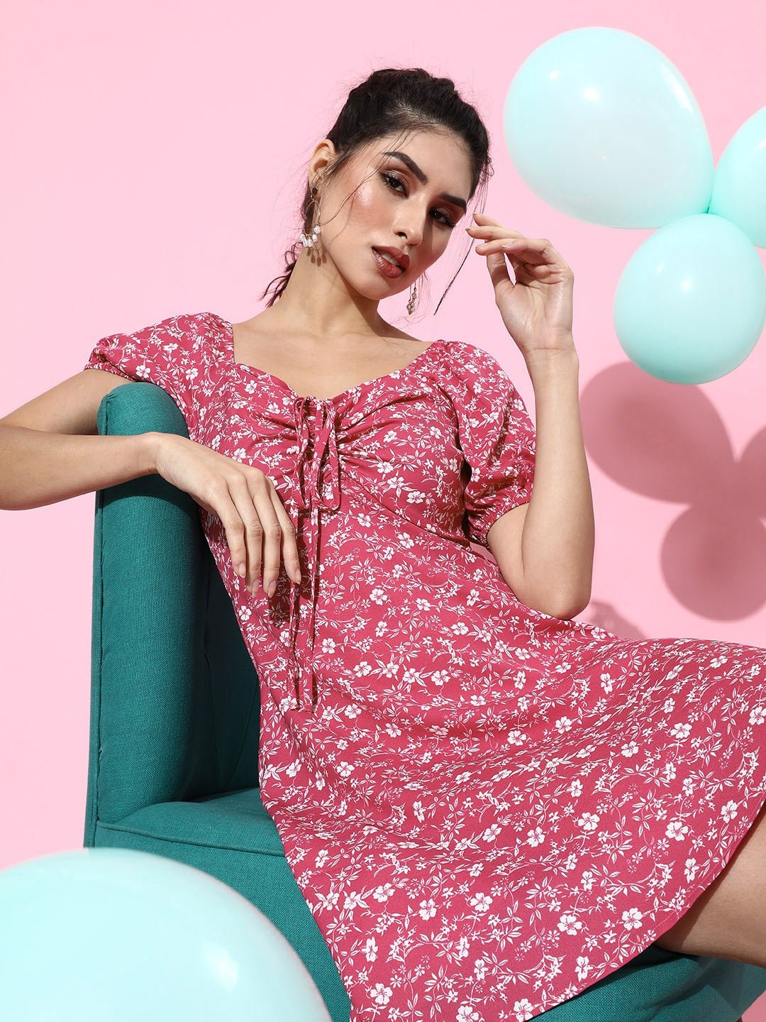 Folk Republic Women Pink & White Floral Crepe A-Line Mini Dress - #folk republic#