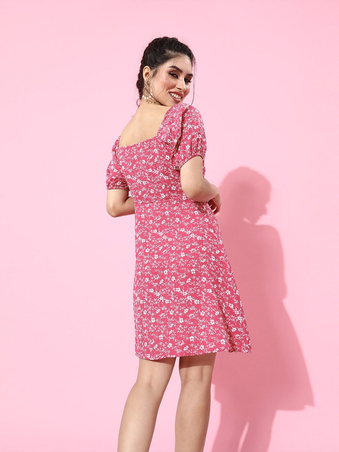 Folk Republic Women Pink & White Floral Crepe A-Line Mini Dress - #folk republic#