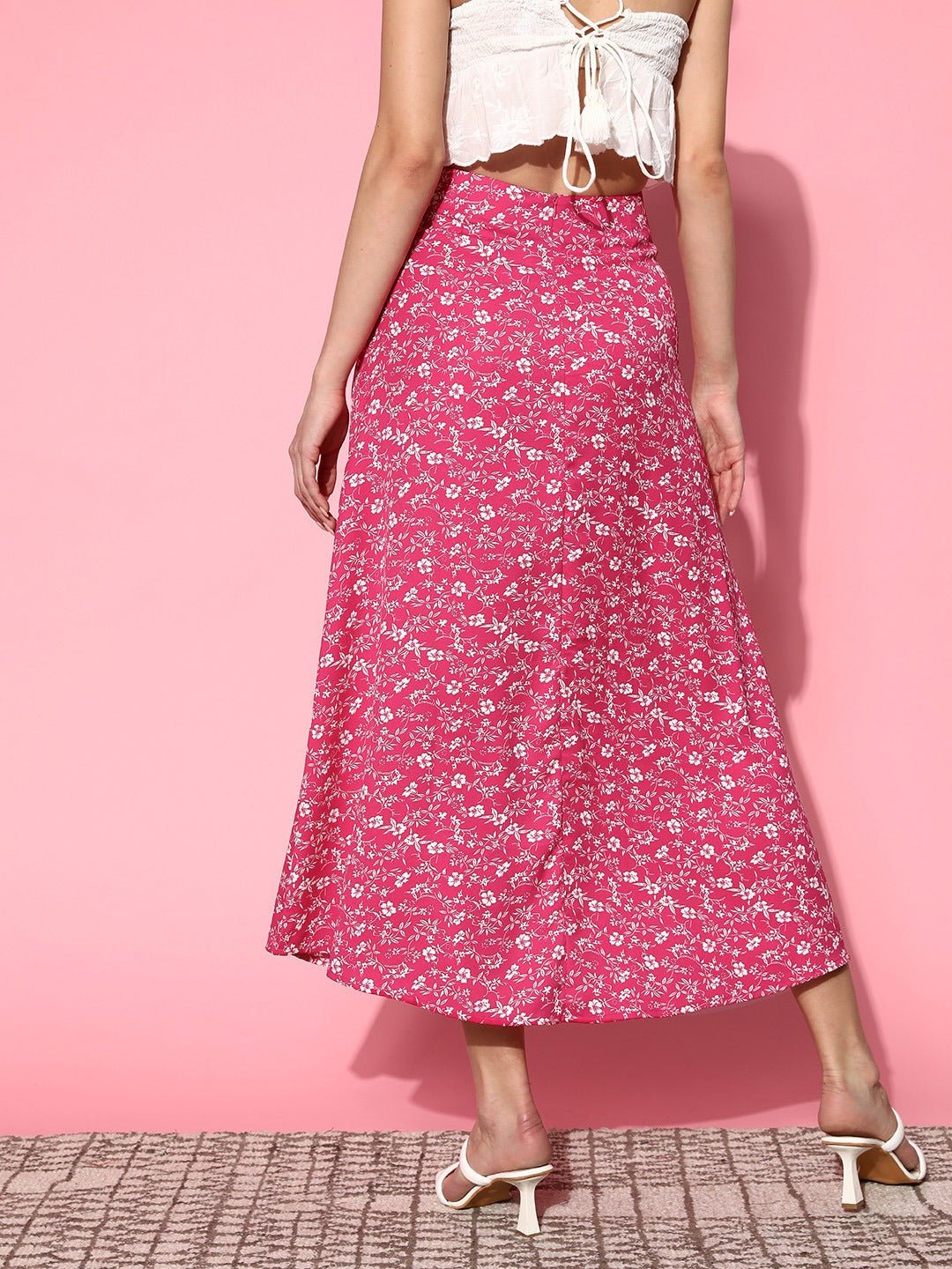 Folk Republic Women Pink & White Floral Printed High-Rise Waist Side-Slit Flared A-Line Maxi Skirt - #folk republic#