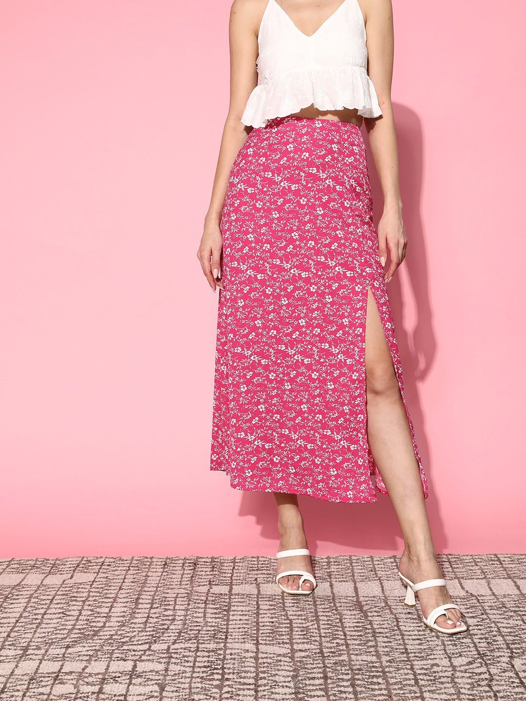 Folk Republic Women Pink & White Floral Printed High-Rise Waist Side-Slit Flared A-Line Maxi Skirt - #folk republic#