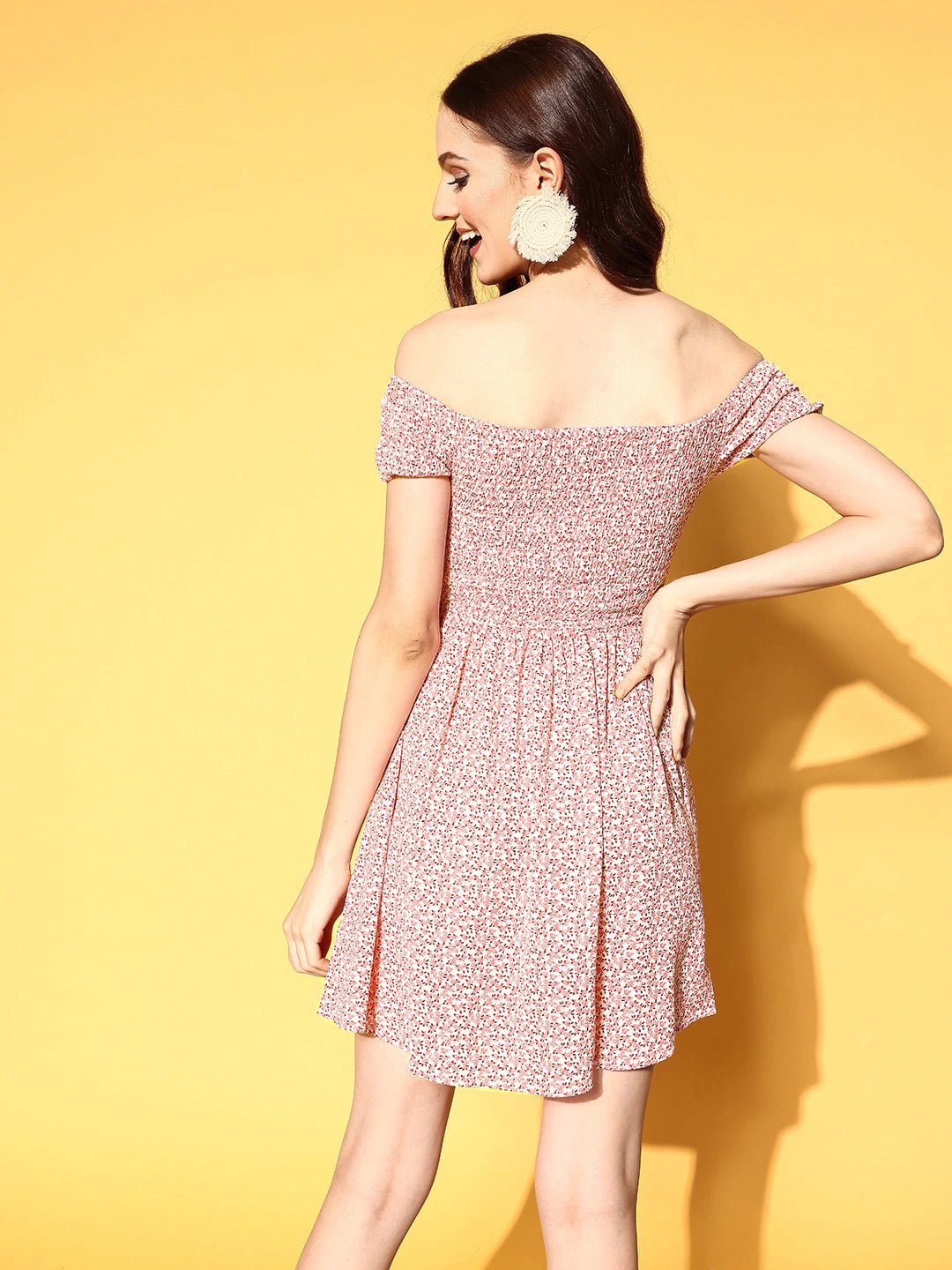 Folk Republic Women Pink & White Floral Printed Off-Shoulder Neck Crepe Smocked A-Line Mini Dress - #folk republic#