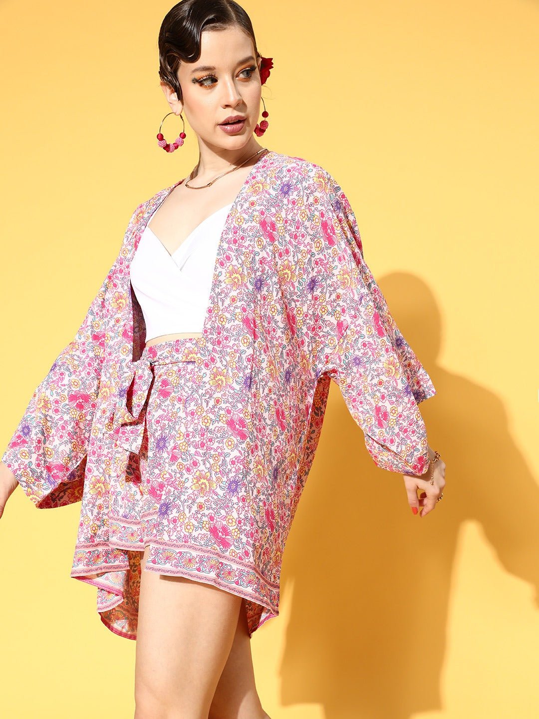 Folk Republic Women Pink & White Floral Printed Open-Front Straight Hem Regular Shrug - #folk republic#