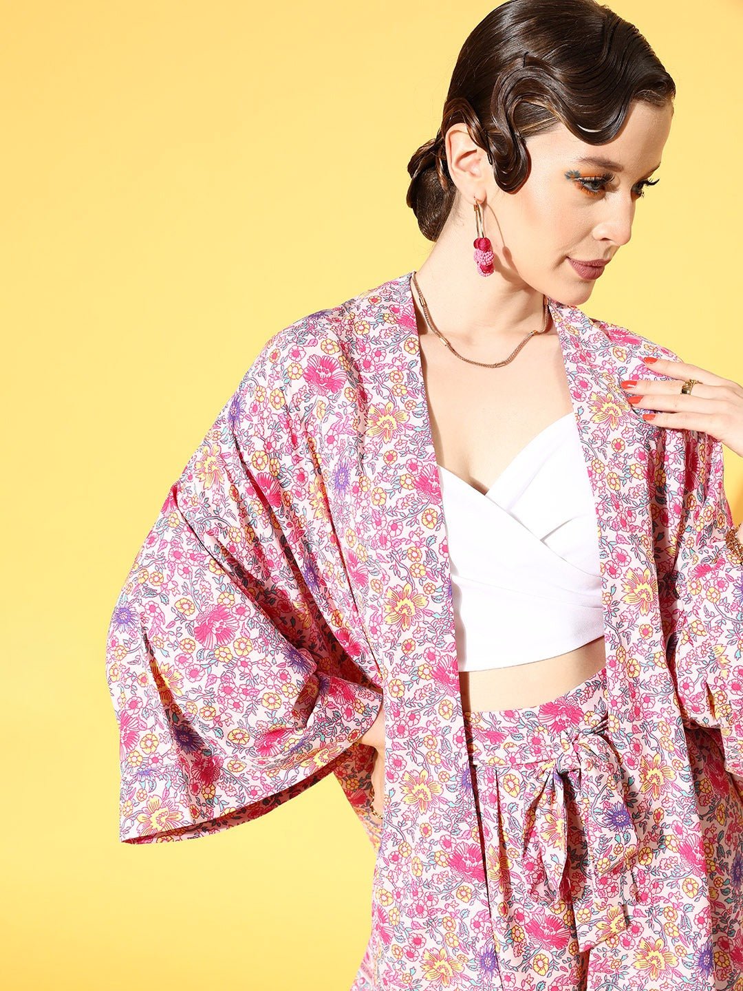 Folk Republic Women Pink & White Floral Printed Open-Front Straight Hem Regular Shrug - #folk republic#