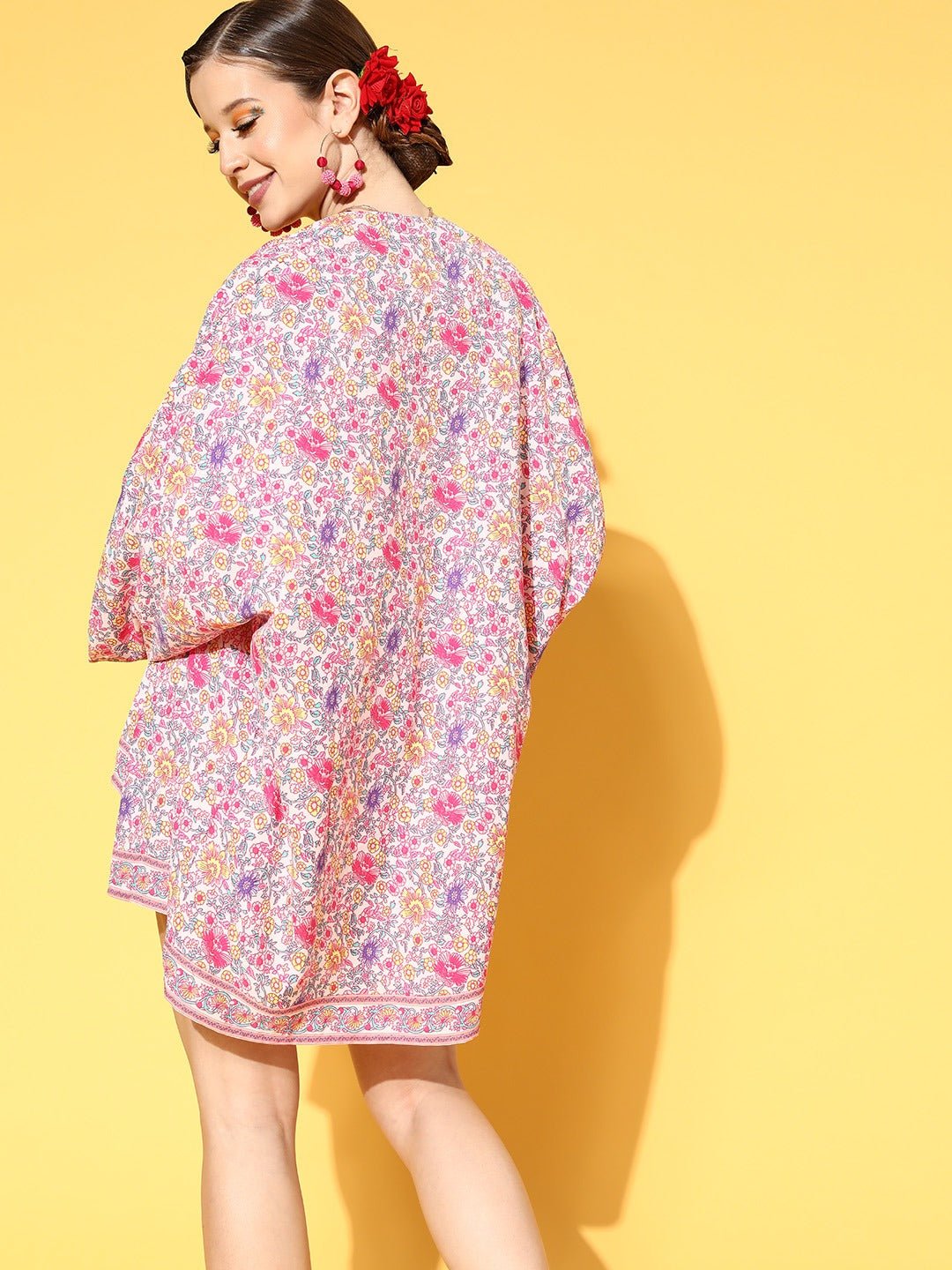 Folk Republic Women Pink & White Floral Printed Open-Front Straight Hem Regular Shrug - #folk republic#