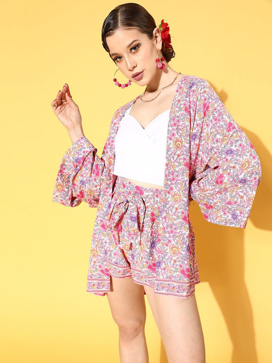 Folk Republic Women Pink & White Floral Printed Open-Front Straight Hem Regular Shrug - #folk republic#