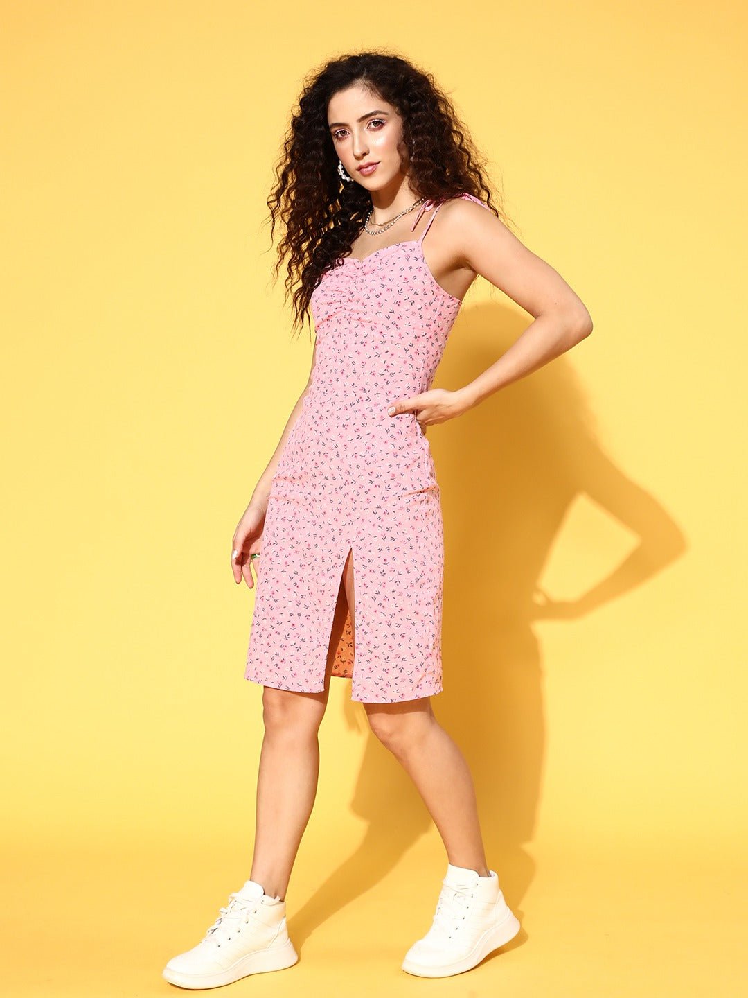 Folk Republic Women Pink & White Floral Printed Square Neck Tie-Up Strap Thigh-High Slit Straight Hem Sheath Midi Dress - #folk republic#