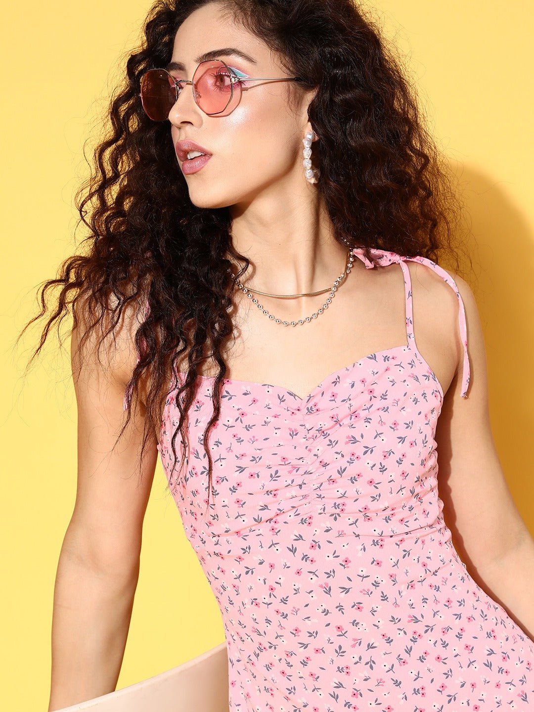 Folk Republic Women Pink & White Floral Printed Square Neck Tie-Up Strap Thigh-High Slit Straight Hem Sheath Midi Dress - #folk republic#