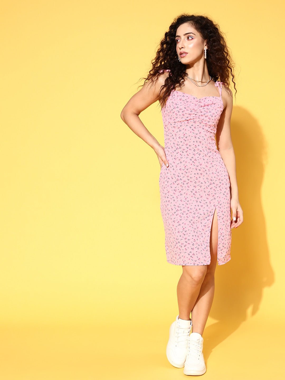 Folk Republic Women Pink & White Floral Printed Square Neck Tie-Up Strap Thigh-High Slit Straight Hem Sheath Midi Dress - #folk republic#