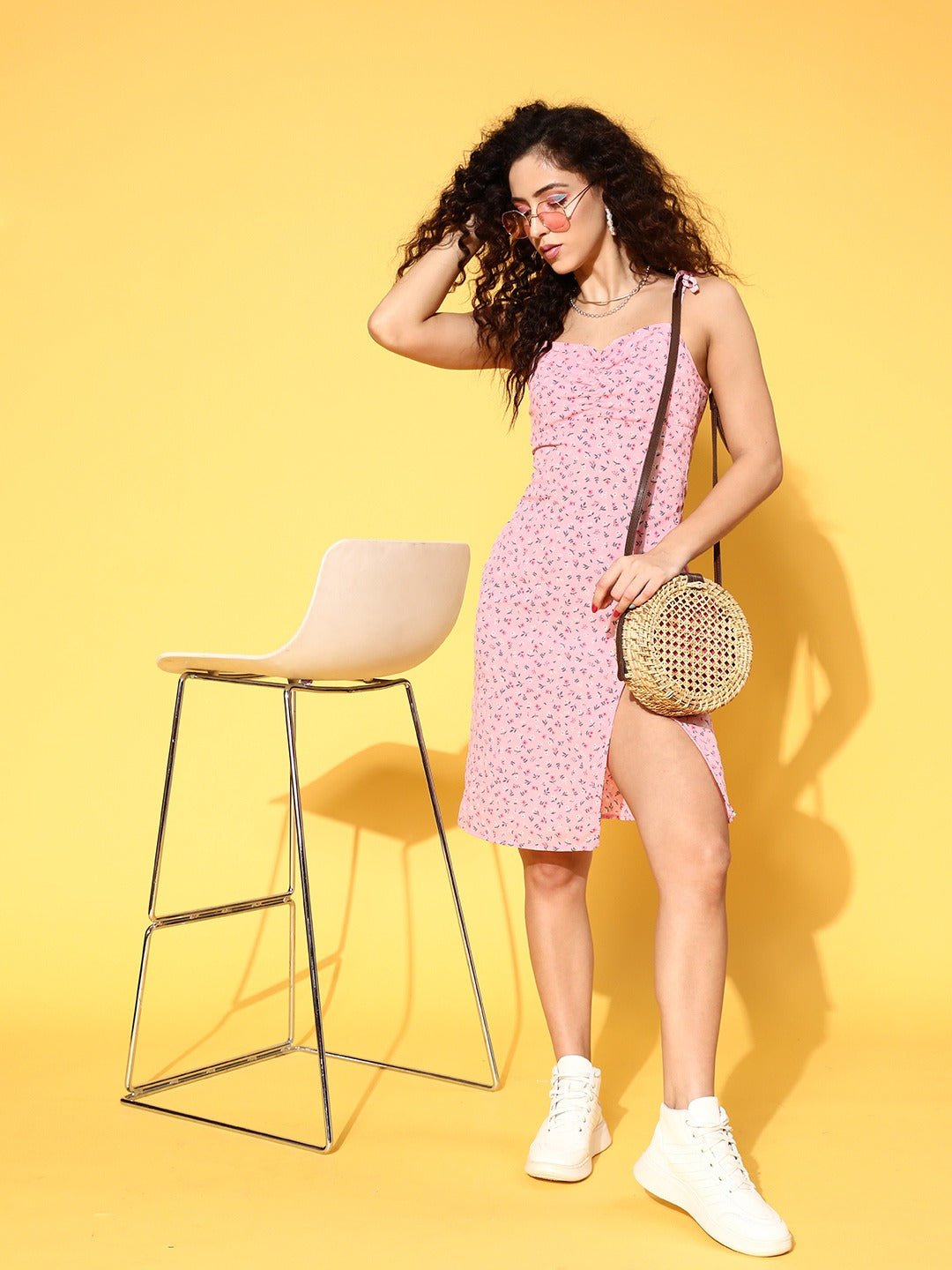 Folk Republic Women Pink & White Floral Printed Square Neck Tie-Up Strap Thigh-High Slit Straight Hem Sheath Midi Dress - #folk republic#