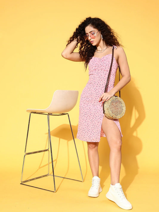 Folk Republic Women Pink & White Floral Printed Square Neck Tie-Up Strap Thigh-High Slit Straight Hem Sheath Midi Dress - #folk republic#